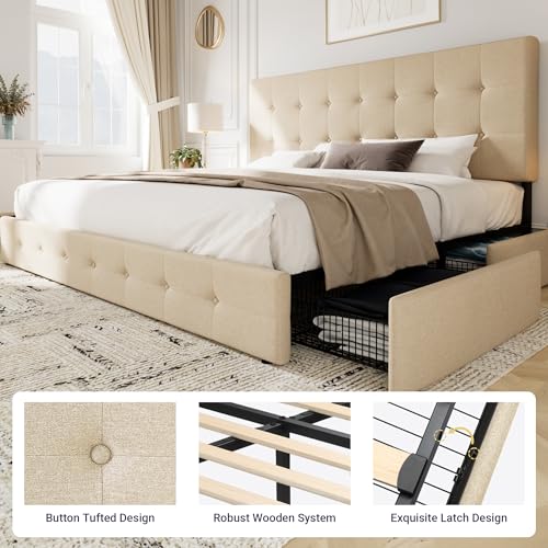 Light Grey Queen Size Platform Bed Frame with 4 Storage Drawers C349556