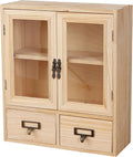 Mini Table Top Storage Cabinet with Clear Glass Doors, 2 Bottom Drawers, Light Wood Grain A784