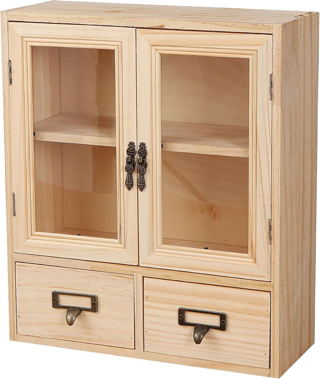 Mini Table Top Storage Cabinet with Clear Glass Doors, 2 Bottom Drawers, Light Wood Grain A784
