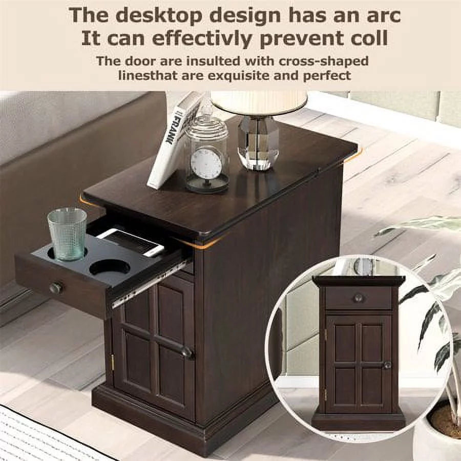 Antique Espresso End Table with USB Ports Drawer and Cup Holders R992052