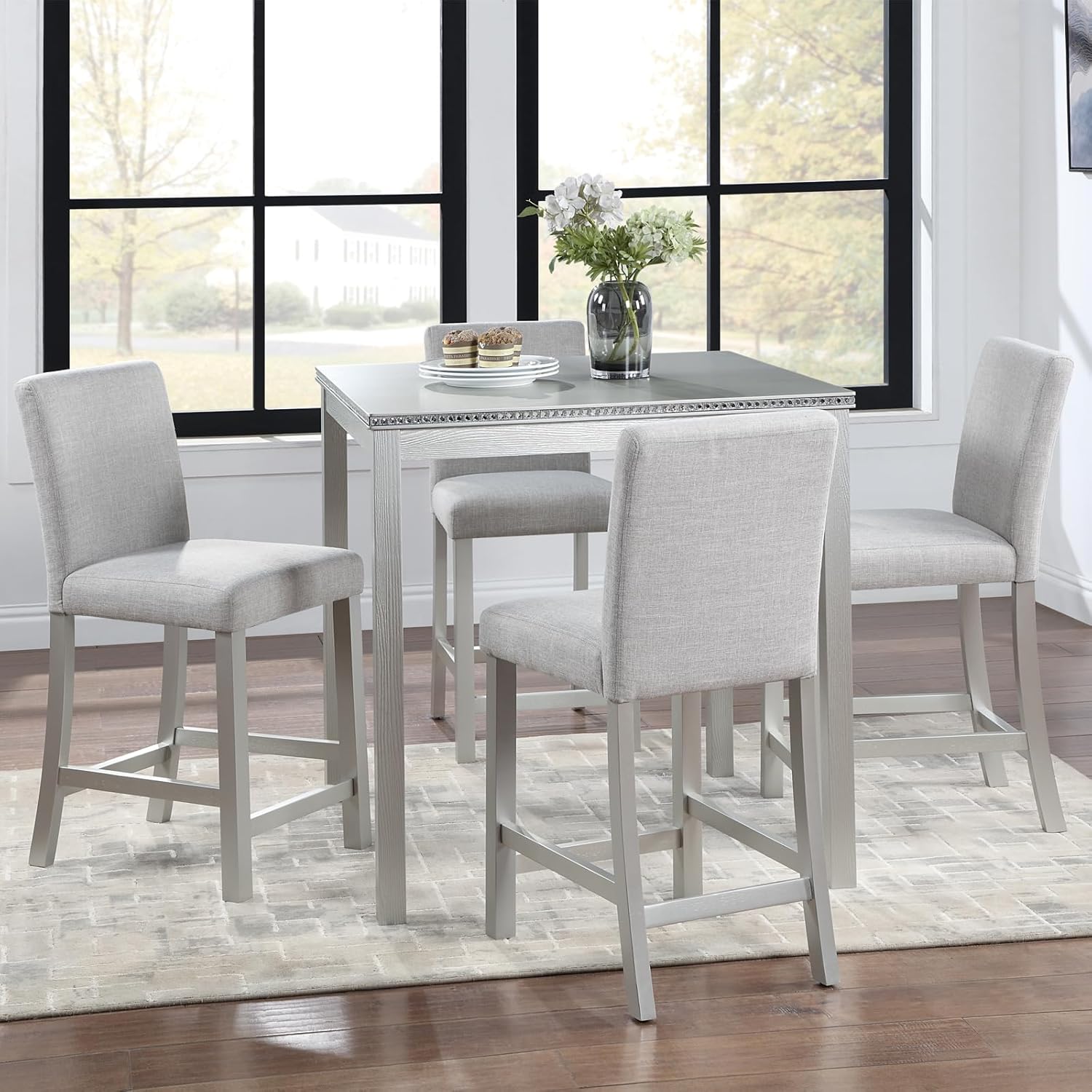 5-Piece Acacia Wood Counter Height Dining Table Set with 4 Upholstered-Seat Chairs B854