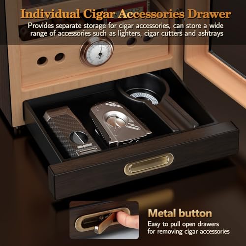 Lighted Magnetic Door Desktop Cigar Humidor Cabinet with Drawer, 3 Layer, Brown B78421