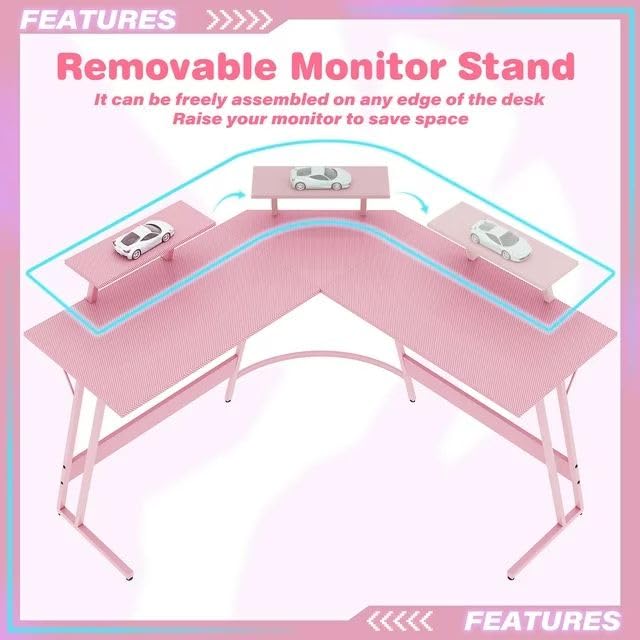Pink 47 Inch L Shaped Computer Desk with Carbon Fiber Surface S50882