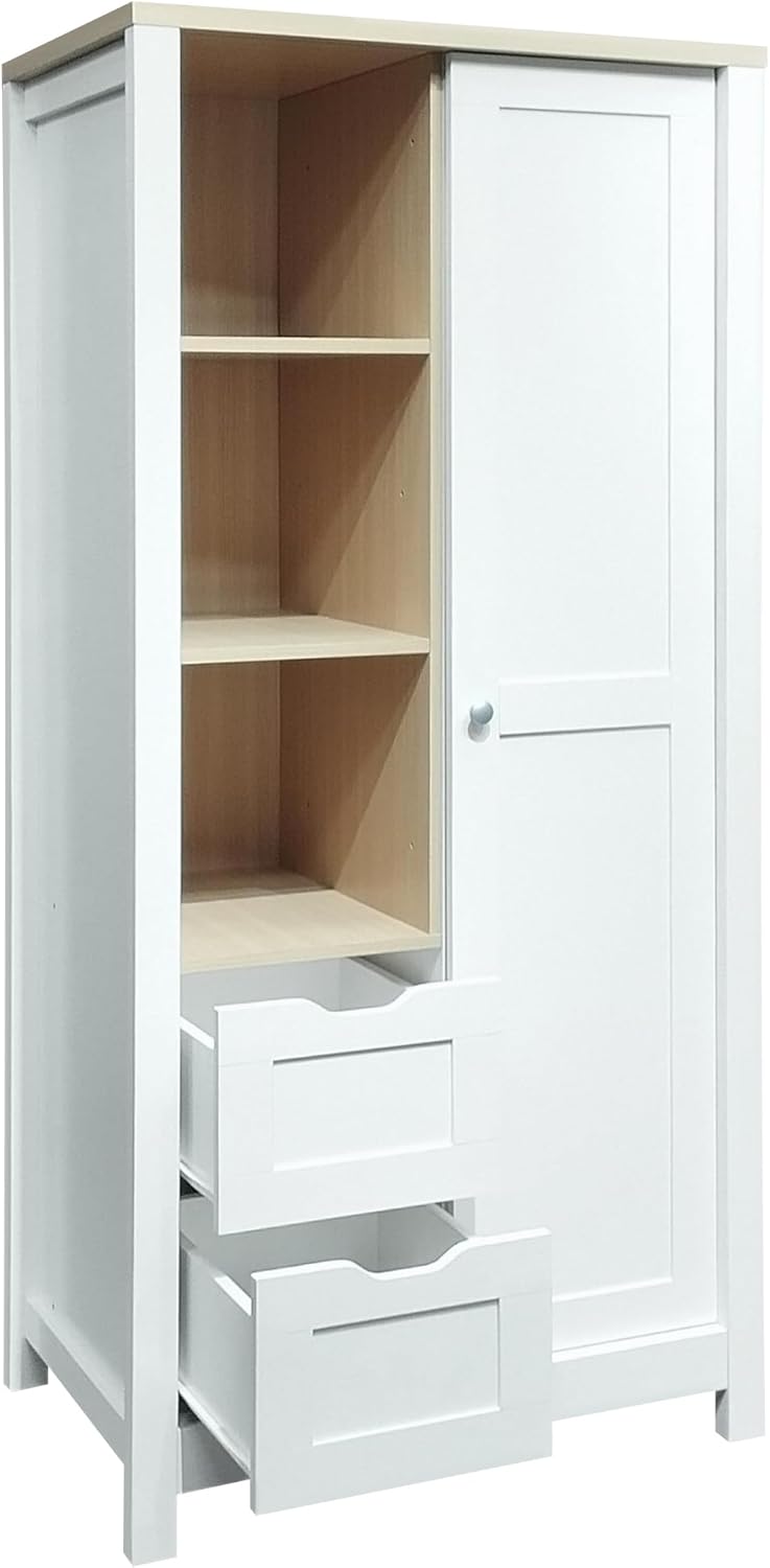 White Wooden Wardrobe Closet with 2 Drawers and Sliding Door M5632