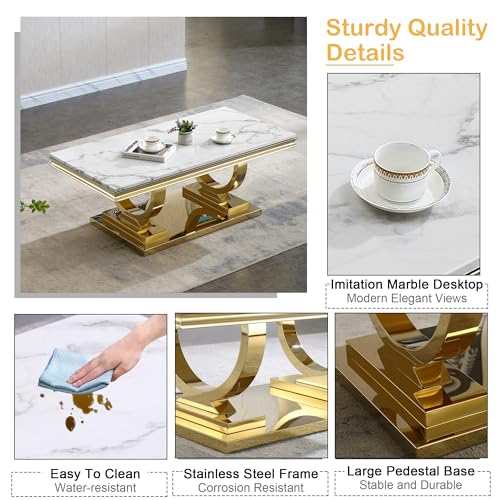White Marble Coffee Table with Stainless Steel Pedestal Z99967