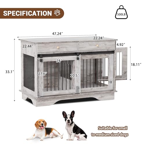 47" Grey Dog Crate Furniture with 2 Storage Draws B4927