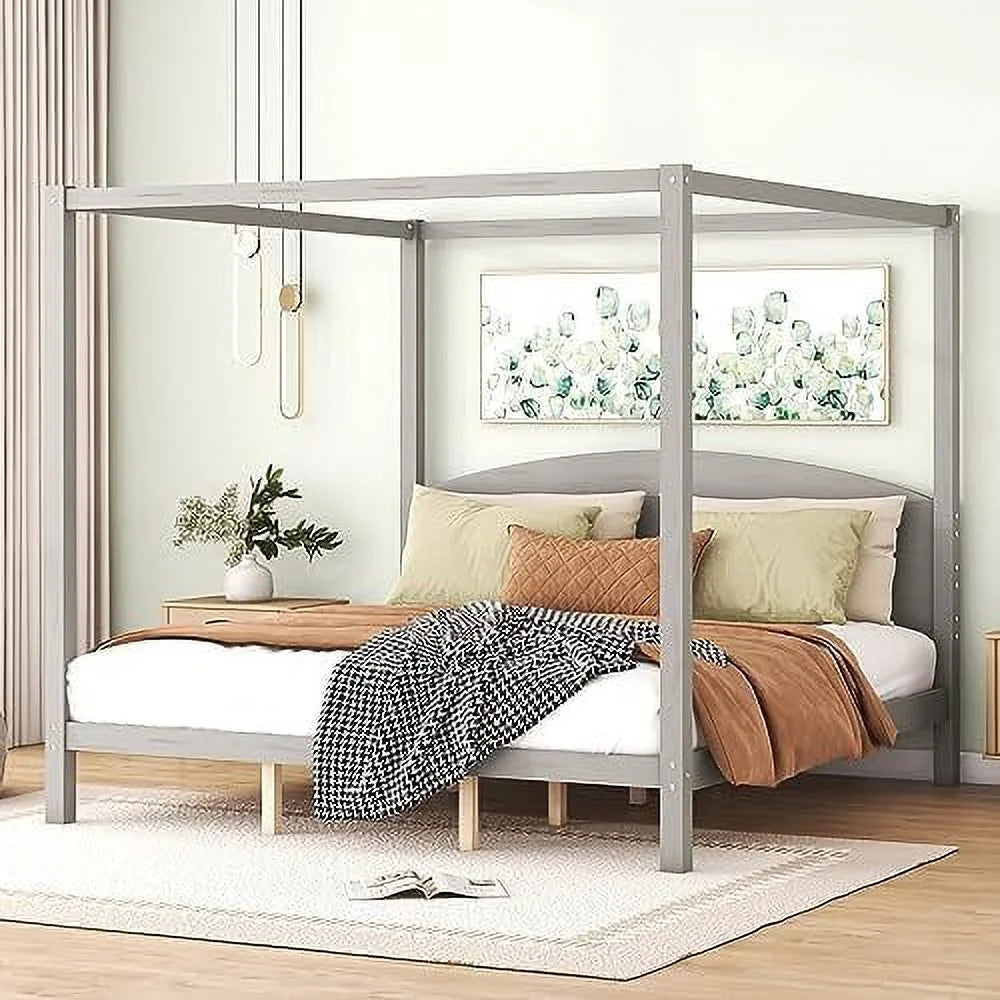 White Queen Size 4-Poster Wood Canopy Bed Frame with Headboard M989223