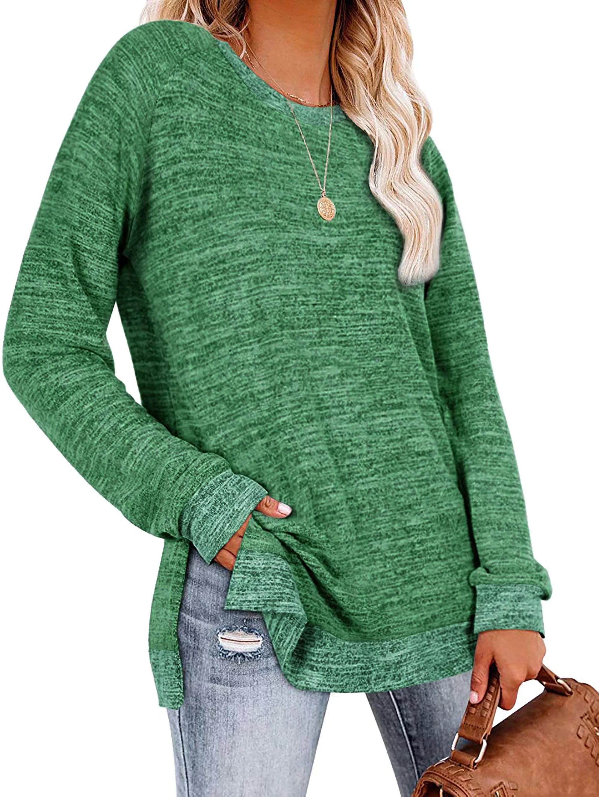 Green Long Sleeve Color Block Tunic Tops X605