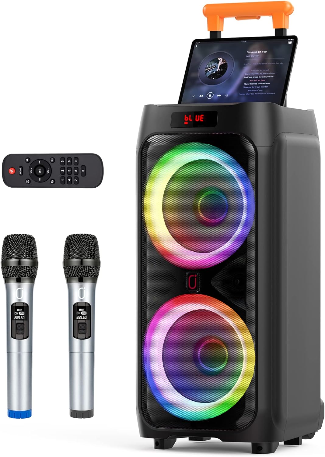 Karaoke Machine with 2 Wireless Microphones, 8" Bluetooth Party Speaker with DJ Light, Rolling Wheels and Trolley J2731