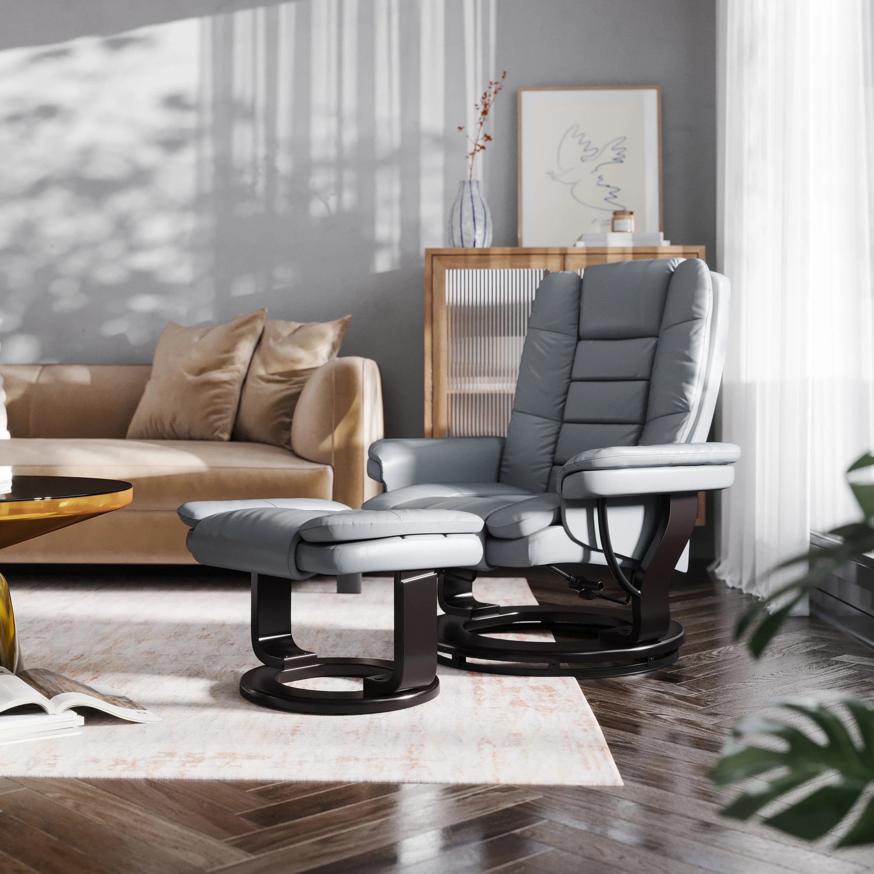 Gray Faux Leather Recliner with Ottoman M541
