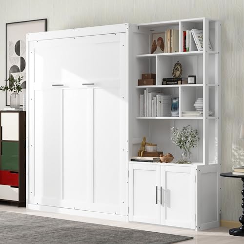 White Solid Wood Queen Size Murphy Bed with Desk G4823