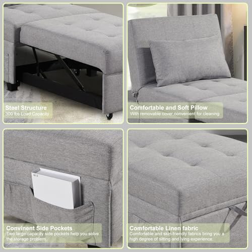 4 in 1 Convertible Linen Fabric Sleeper Chair Bed Ottoman with Adjustable Backrest & Pillow W621846