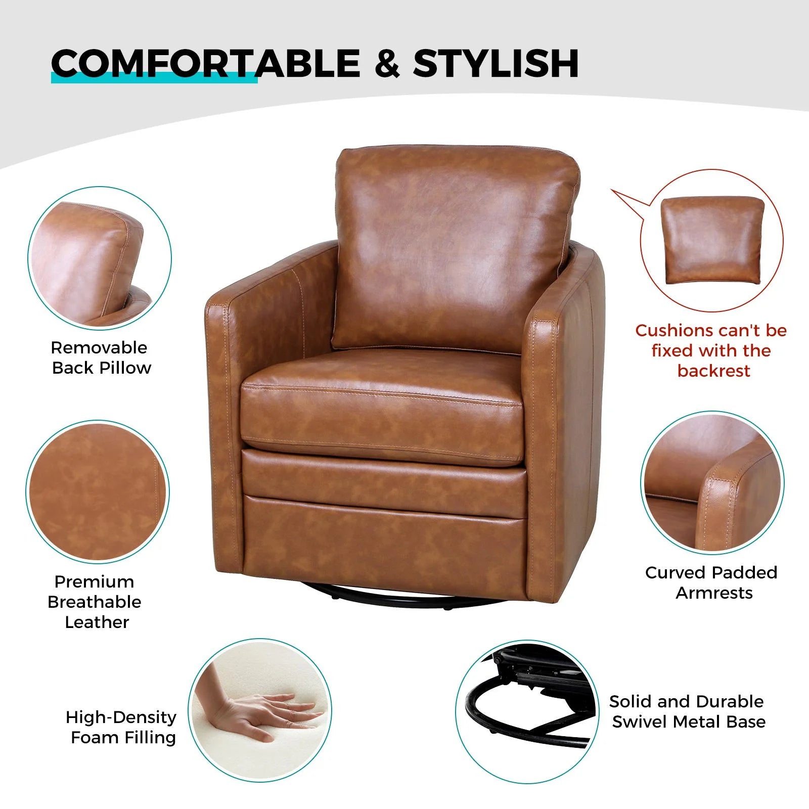 Faux Leather Swivel Accent Chair with Arms D762
