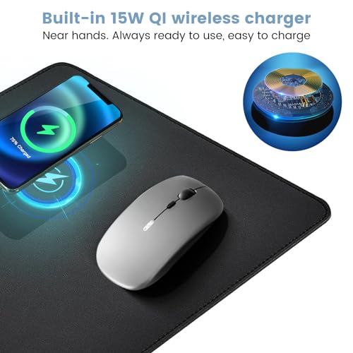 Black Leather Waterproof Large Desk Mat with Wireless Charger J3918