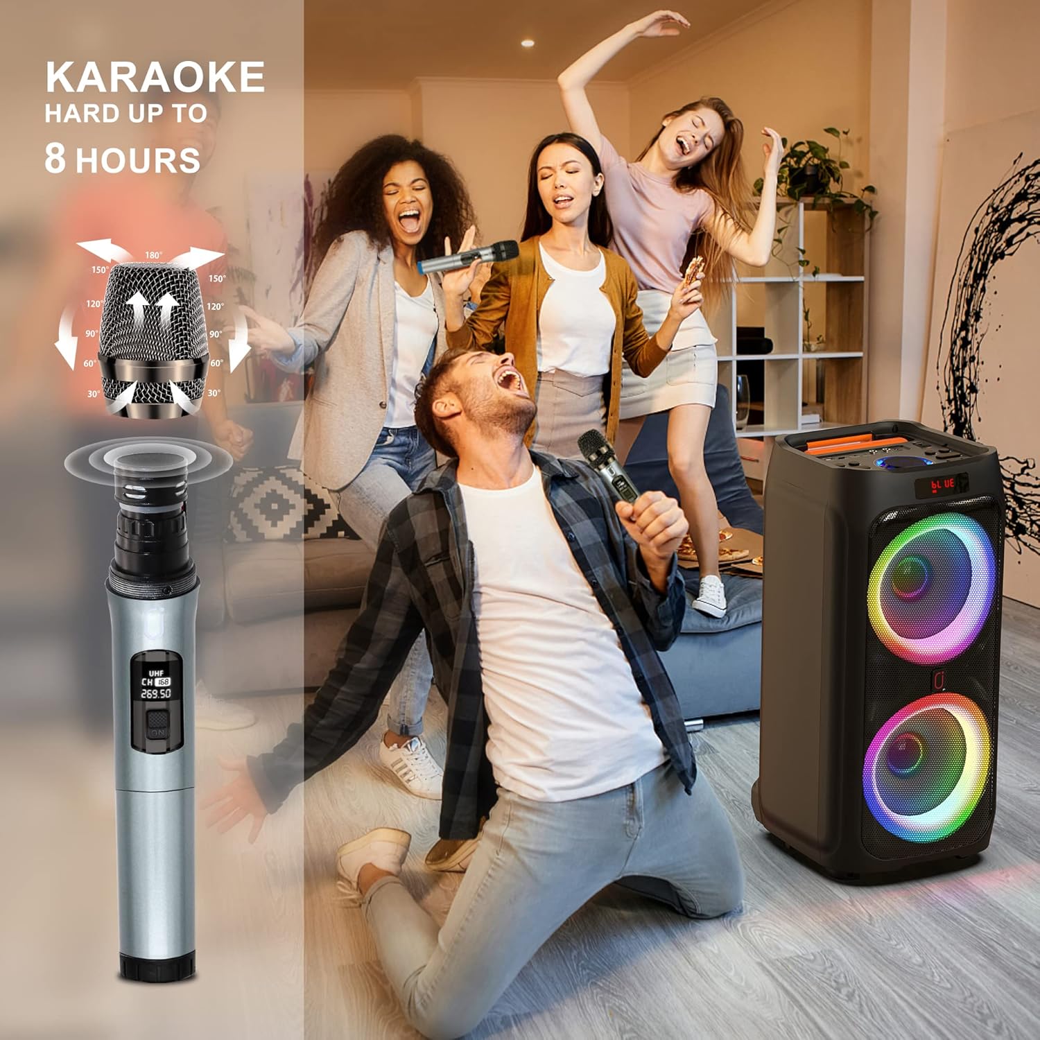 Karaoke Machine with 2 Wireless Microphones, 8" Bluetooth Party Speaker with DJ Light, Rolling Wheels and Trolley J2731