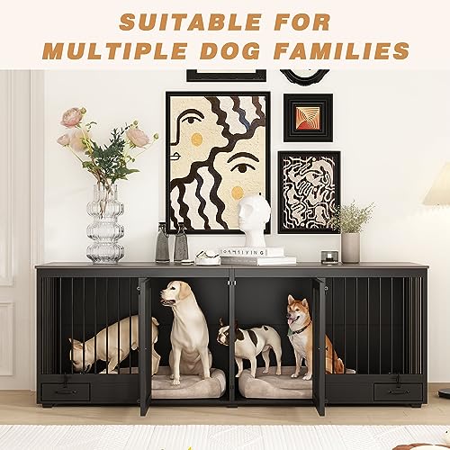 Black Heavy Duty Wooden Dog Crate with Dog Bowl Drawers & Divider L82682