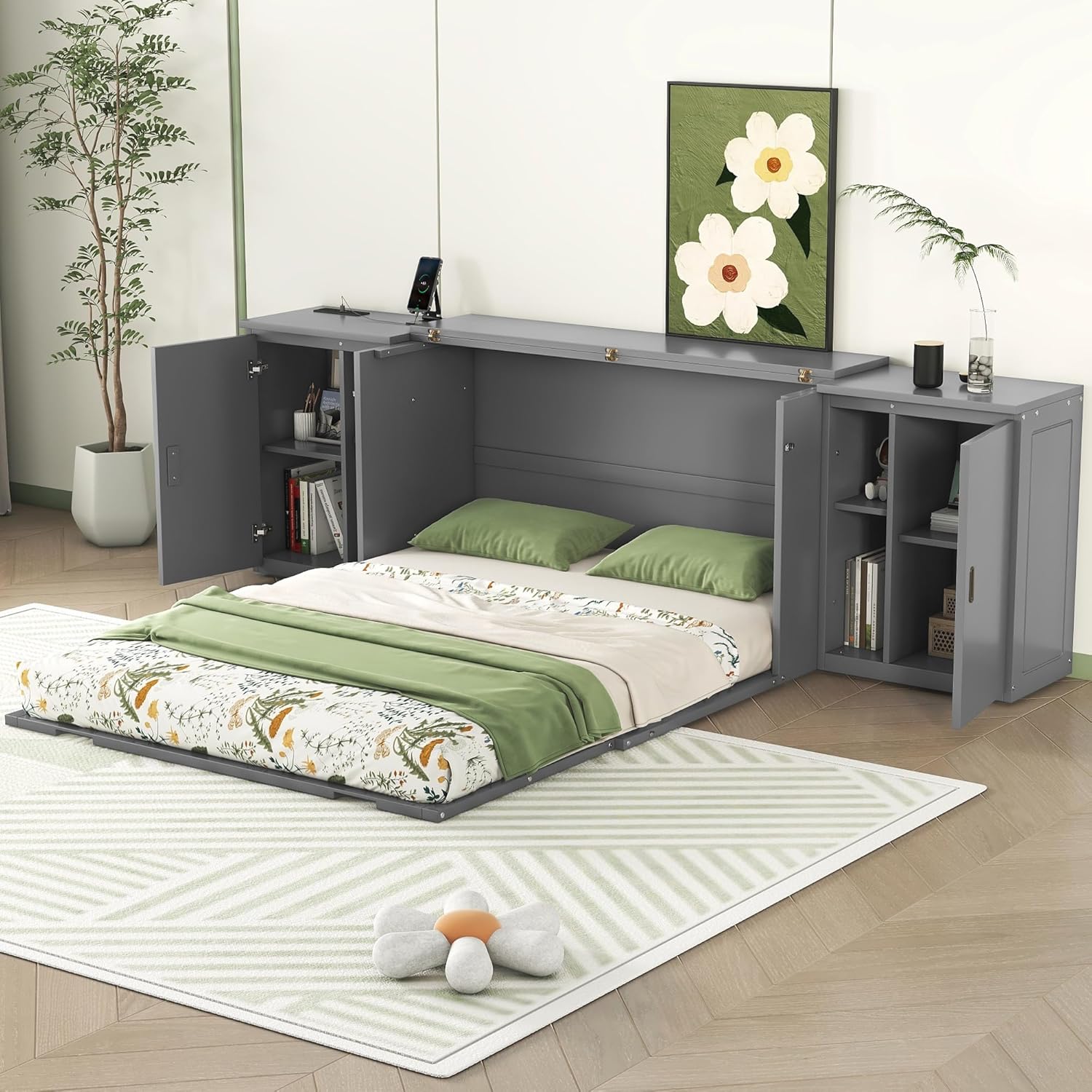 Queen Size Gray Murphy Wall Bed with Shelves and Cabinets H996205