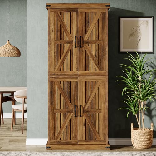71" Tall Kitchen Pantry, Farmhouse Storage Cabinet with Barn Doors and Adjustable Shelves, Rustic Wooden Cupboard, Brown R807585
