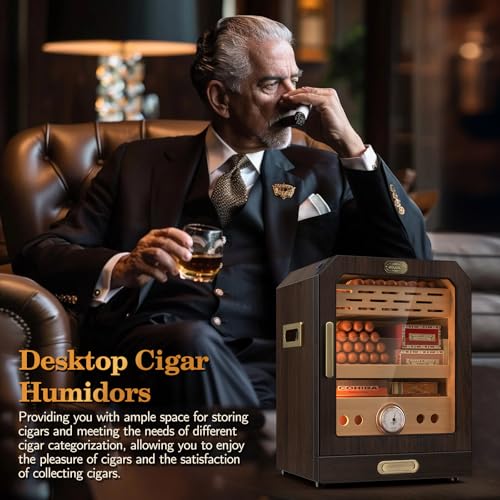 Lighted Magnetic Door Desktop Cigar Humidor Cabinet with Drawer, 3 Layer, Brown B78421