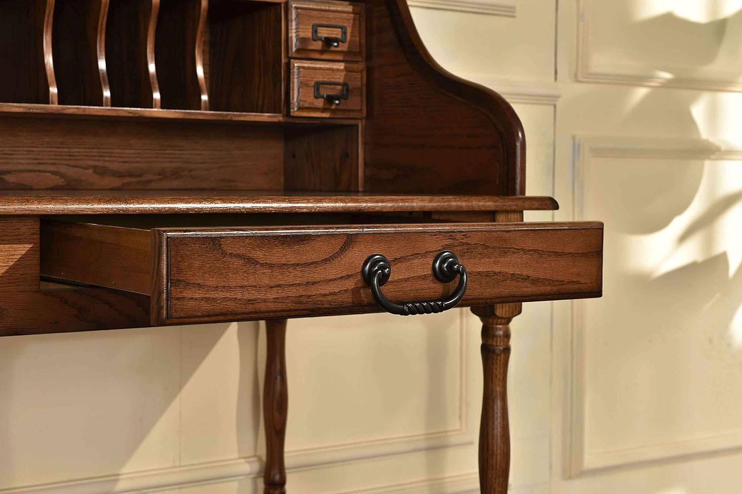 Mini Roll Top Desk Solid Oak Wood Burnished Walnut Finish O82409