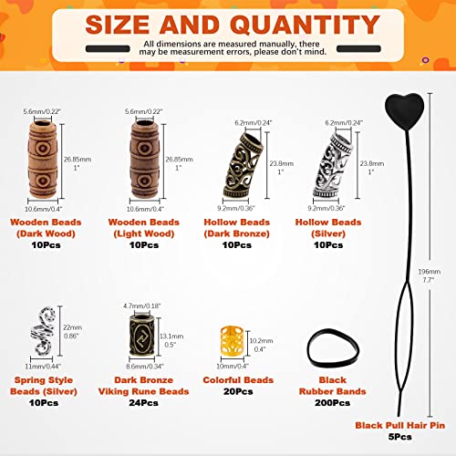 300Pcs Viking Rune Beads Hair Beard Beads Set including 5Pcs Black Pull Hairpin Quick Beader Hairpins and 200Pcs Black Rubber Bands with a Bag I181