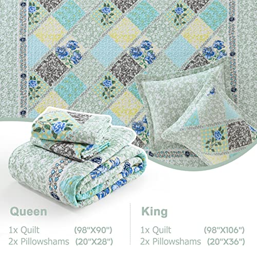 Blue Grey 100% Cotton Queen Size 3-Pieces Quilt Bedding Set T837358