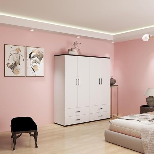 White 4 Door Wood Armoire Wardrobe with 2 Hanging Rods and 2 Drawers H6894