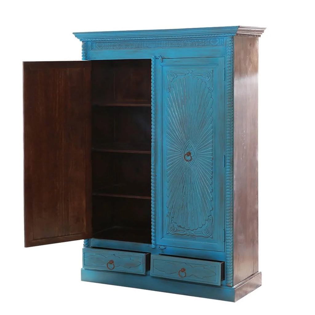 Turquoise Hand Carved Solid Wood 2 Drawer Armoire H880