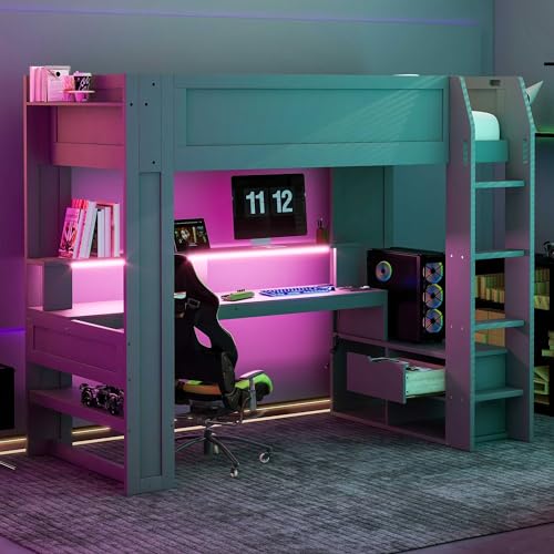 Dark Gray Wood Twin Size Gaming Loft Bed with Desk and Shelves A273908