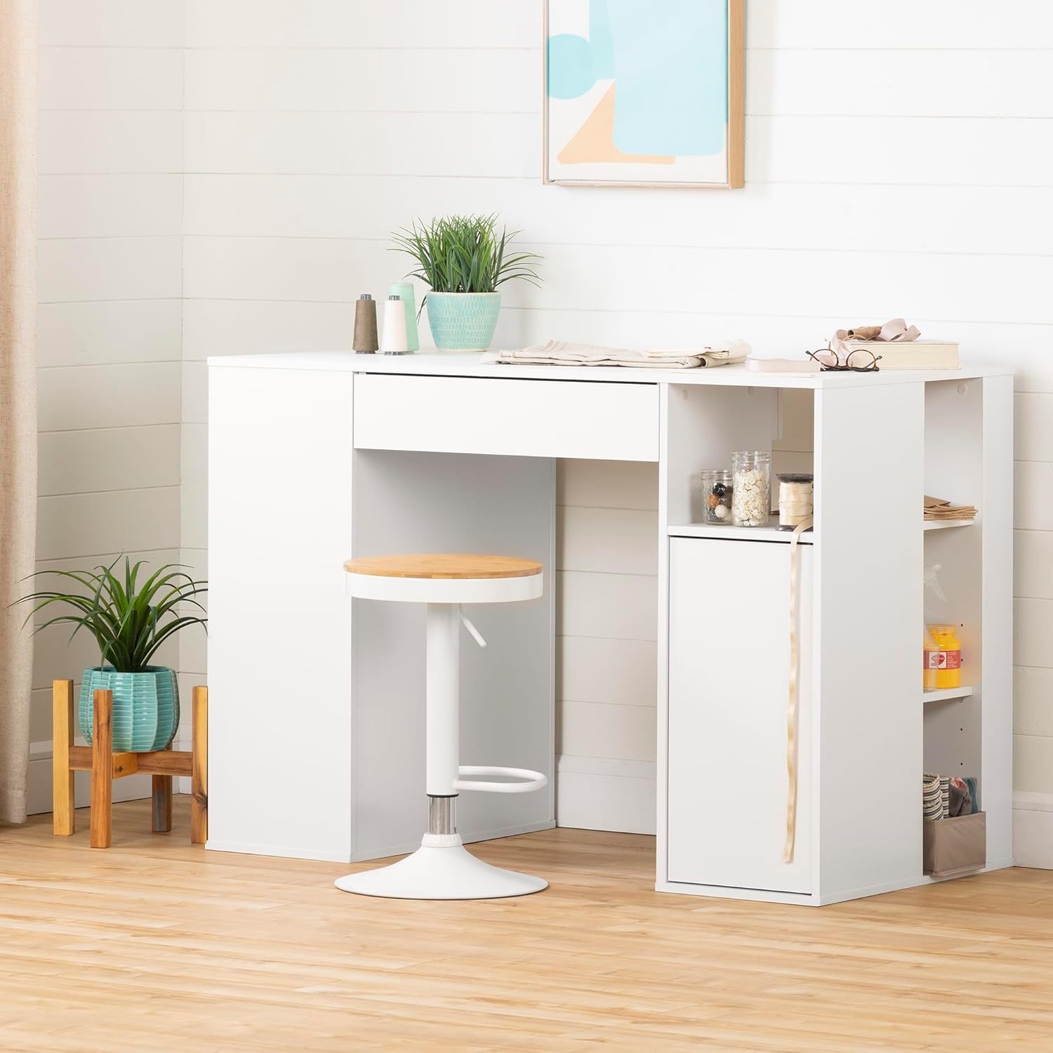 Pure White Counter-Height Craft Table with 4 baskets P128677