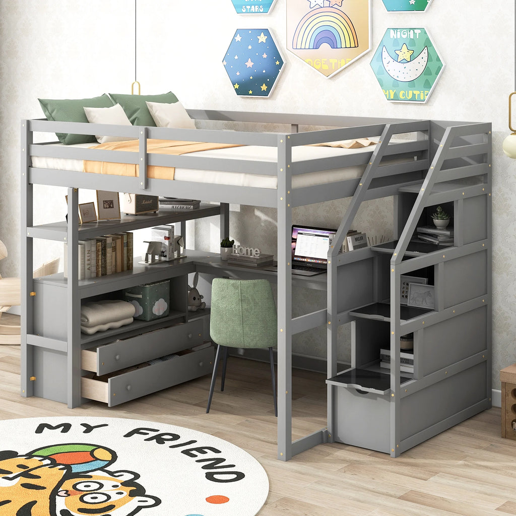 Full Wood Loft Bed with Desk, Storage Stairs, Two Drawers T505595