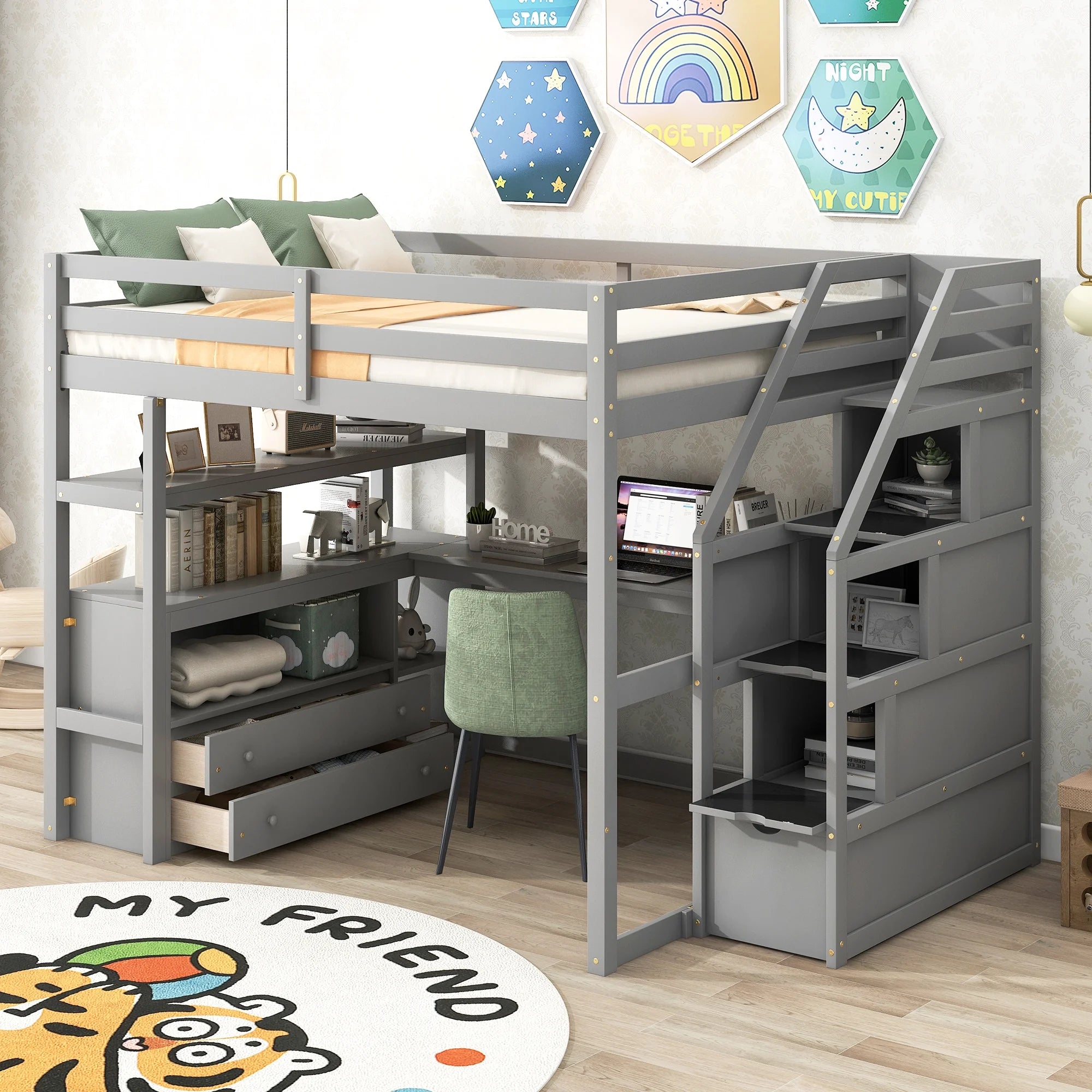 Full Wood Loft Bed with Desk, Storage Stairs, Two Drawers T505595