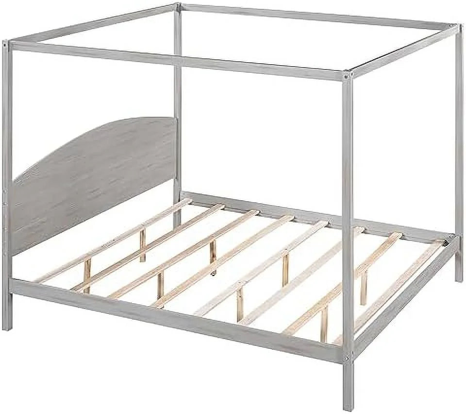 White Queen Size 4-Poster Wood Canopy Bed Frame with Headboard M989223