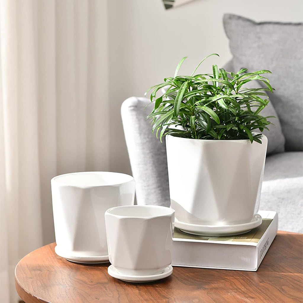 Set of 3 White Ceramic Plant Pots with Saucer R63547