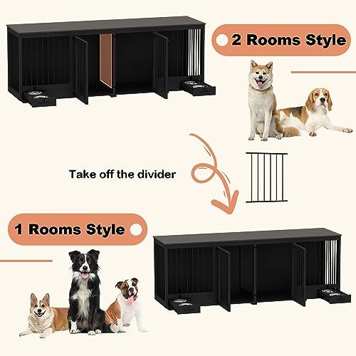 Black Heavy Duty Wooden Dog Crate with Dog Bowl Drawers & Divider L82682