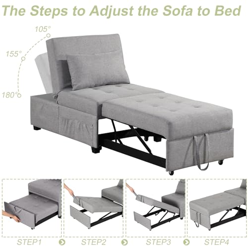 4 in 1 Convertible Linen Fabric Sleeper Chair Bed Ottoman with Adjustable Backrest & Pillow W621846