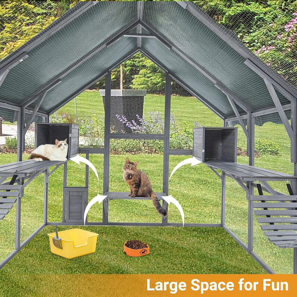 Large 3-Tier Outdoor Cat House with 2 Lockable Cat Doors and a Walk in Door Y44399