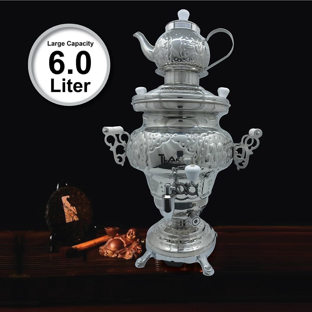 Electric Stainless Steel Samovar Tea Kettle (1 liter) Large Stainless Steel (5.0 Liters) Silver I930
