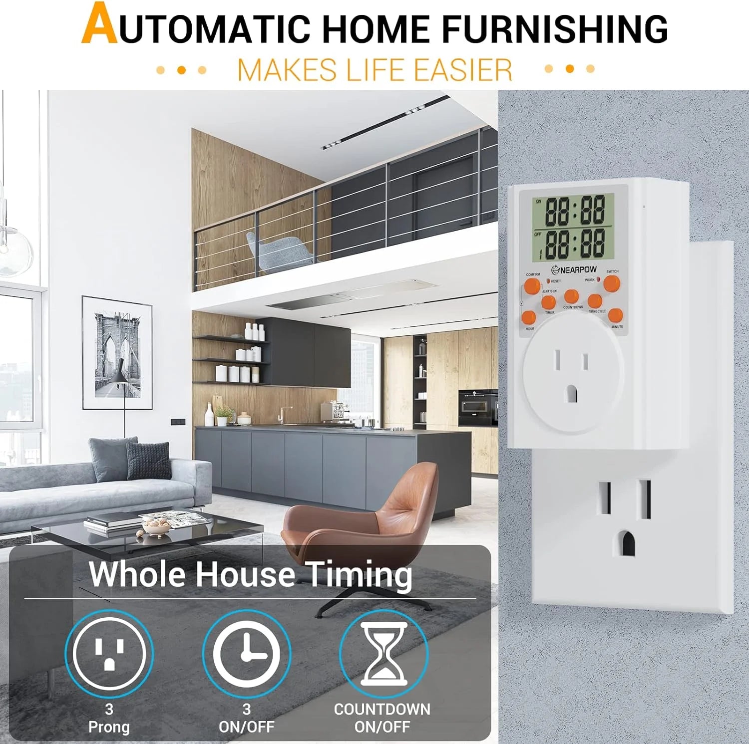 Programmable Digital Timer Switch with 3-Prong Outlet, 15A/1800W V7646