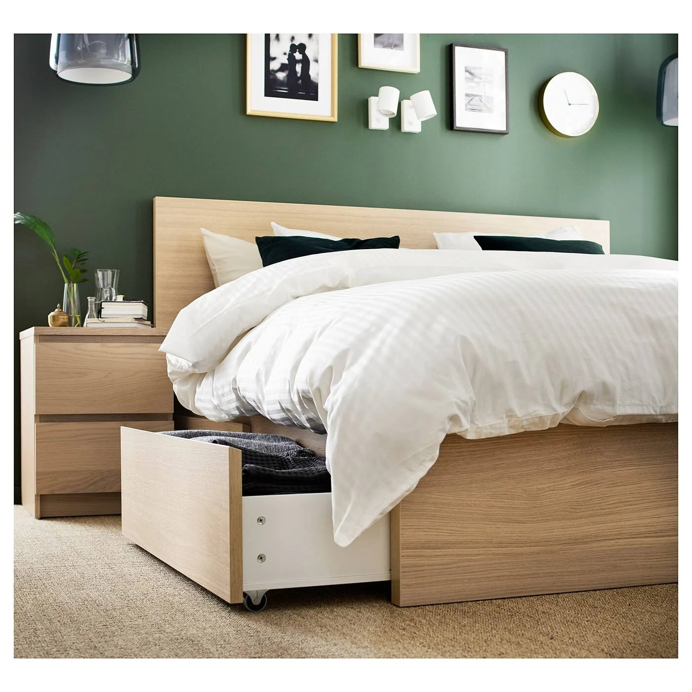 White Stained Oak Veneer King Bed Frame with 4 Storage Boxes D732