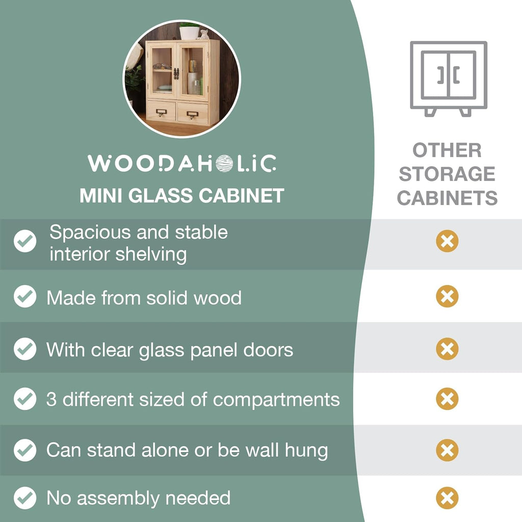 Mini Table Top Storage Cabinet with Clear Glass Doors, 2 Bottom Drawers, Light Wood Grain A784