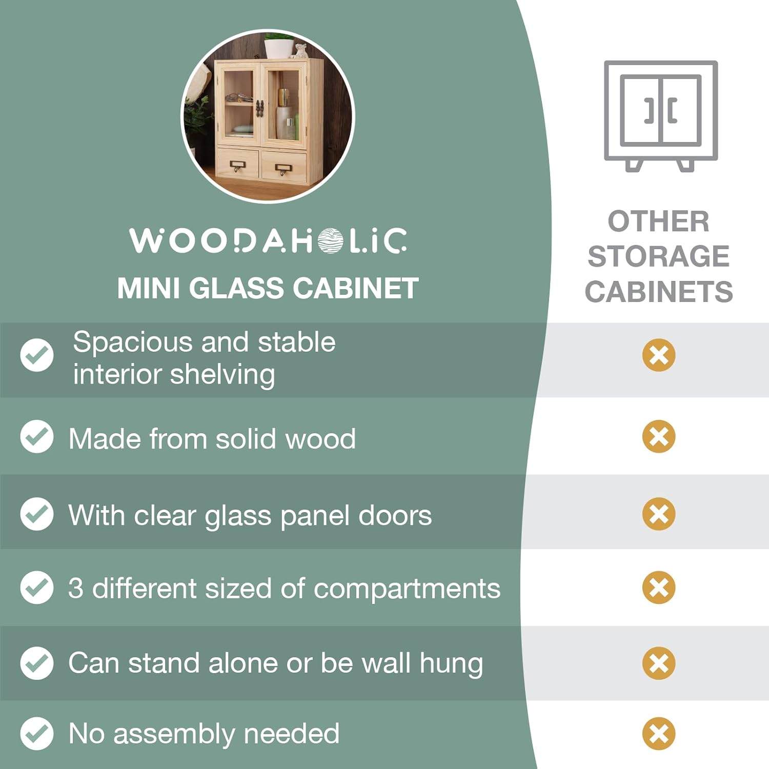 Mini Table Top Storage Cabinet with Clear Glass Doors, 2 Bottom Drawers, Light Wood Grain A784