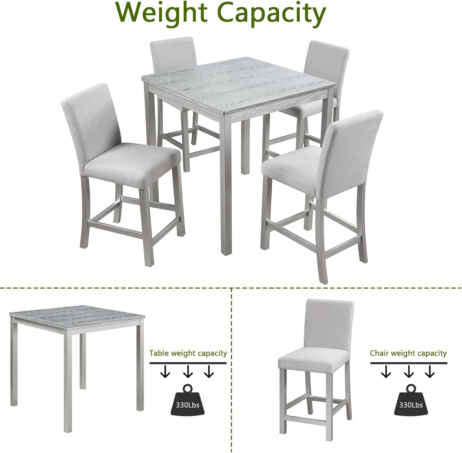 5-Piece Acacia Wood Counter Height Dining Table Set with 4 Upholstered-Seat Chairs B854
