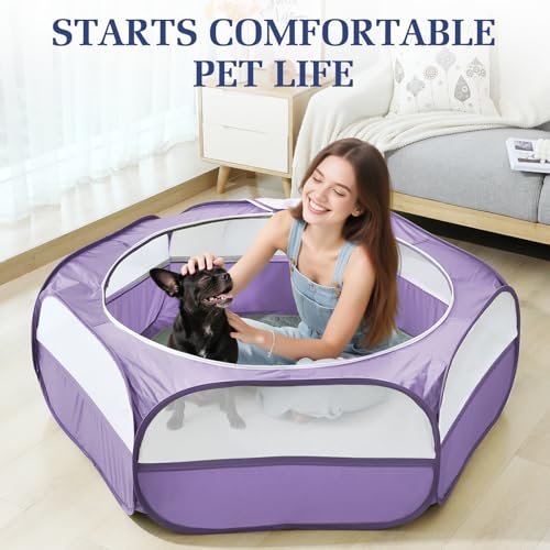 Small Animals Playpen, Waterproof Pet Cage Tent with Zippered Cover, Portable Outdoor Yard Fence with 3 Metal Rod, Green J705