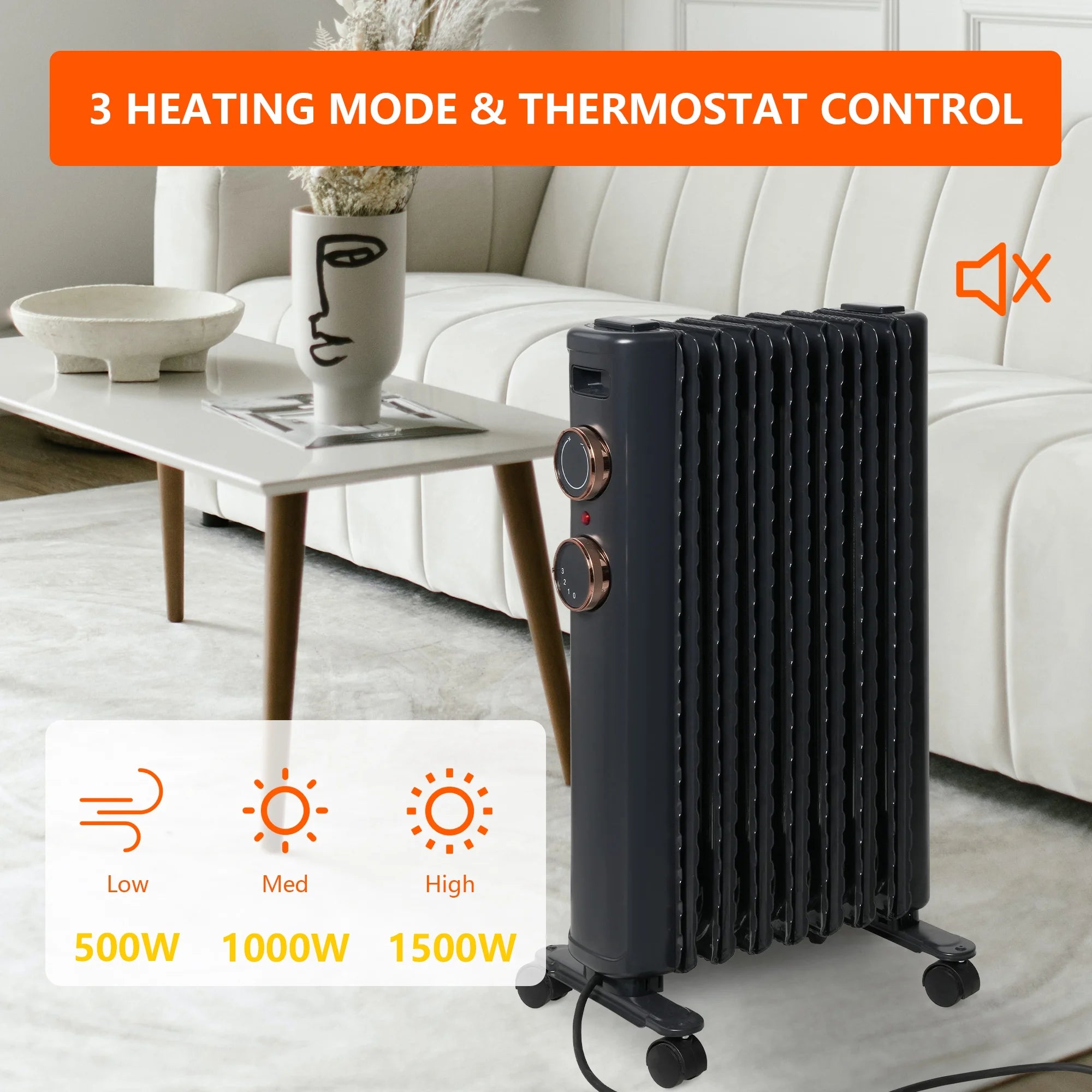 Oil Filled Radiator Heater with 3 Heating Modes, Adjustable Thermostat, Universal Wheels, Black&Gray R359839