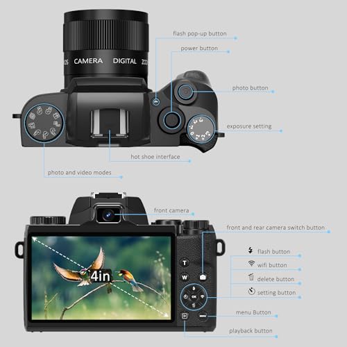 4K 64MP WiFi Touch Screen Digital Camera with Flash, 32GB SD Card, Lens Hood, 3000mAH Battery - Black K660763