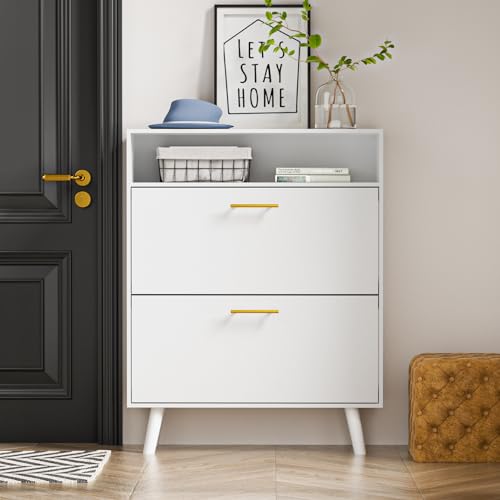 White Slim Shoe Cabinet with 2 Flip Drawers and Open Shelf X3769