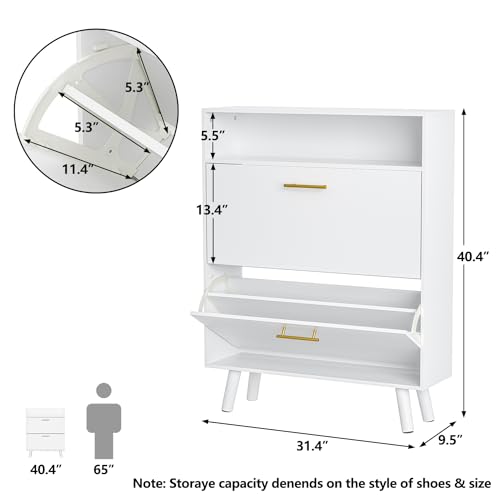 White Slim Shoe Cabinet with 2 Flip Drawers and Open Shelf X3769