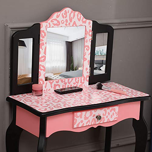 Pink Kids Vanity Table and Chair Set with Tri-Folding Mirror U93016