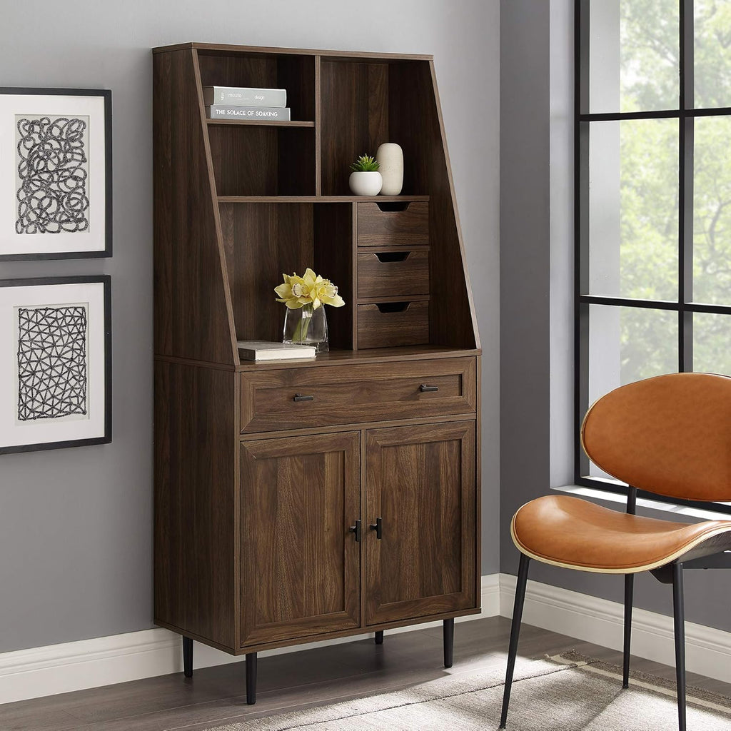 Birch Secretary Hutch Wood Desk with Keyboard Drawer Bookshelf Storage Cabinet W3455
